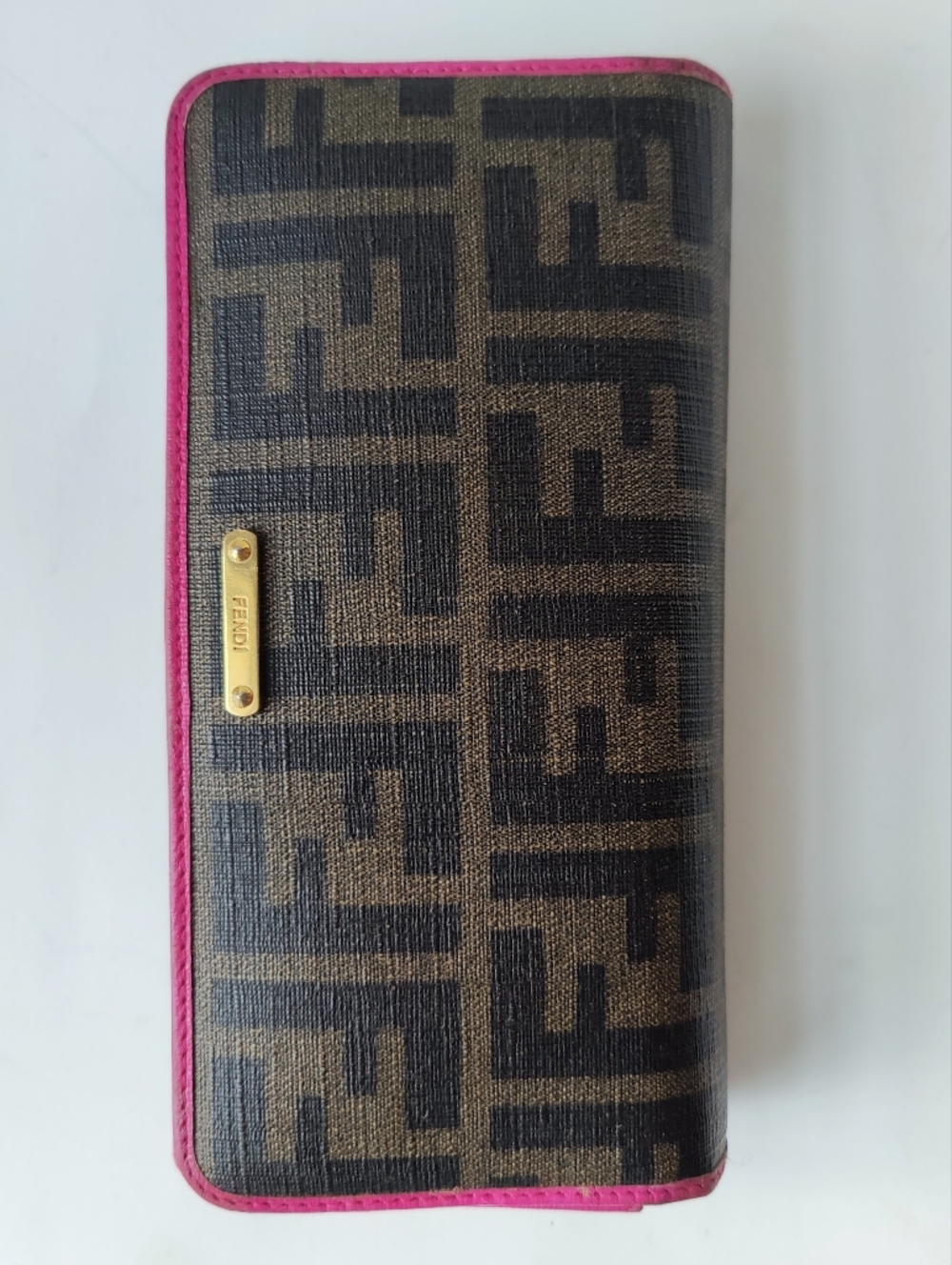 FENDI Zucca Coated Canvas Long Wallet Snap Closure Pink Trim